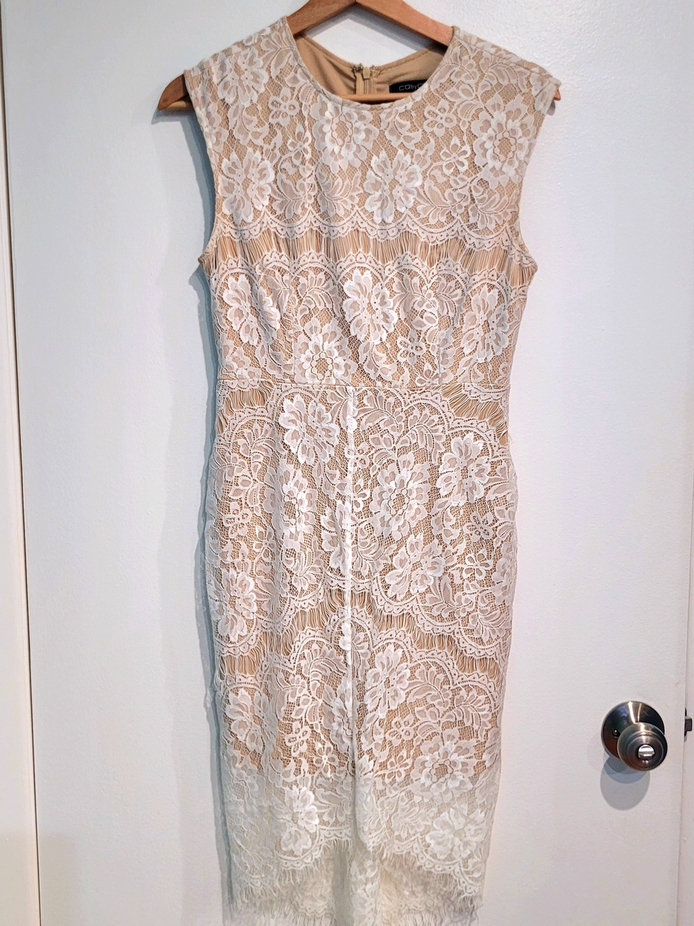 Beige Midi Dress with White Lace Overlay